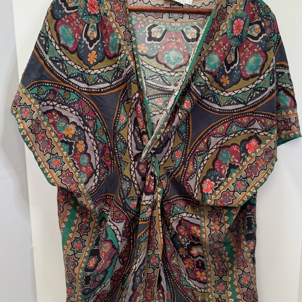 Johnny Was Spezia Silk Multi Color Twisted Front Cover Up Boho Tunic small - Picture 2 of 10